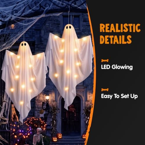 JOYIN 3Pcs 35” Light Up Halloween Decorations Outdoor, Tree Hanging Ghosts with Warm White LED Lights and Timer for Tree Front Yard Patio Lawn Garden Party Décor and Holiday Indoor Outside Decorations
