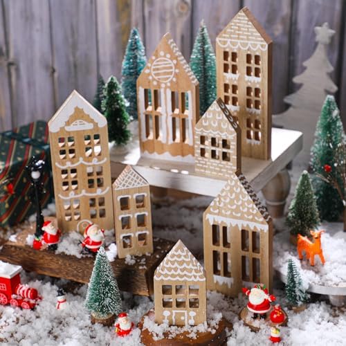 Briwooody 7 Wooden Christmas Village Houses Set, Brown