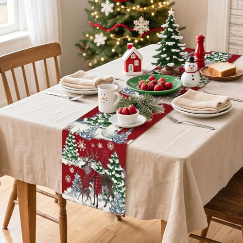 Artscope Reindeer Snowman Christmas Tree Table Runner, Xmas Winter Snowflakes Holiday Kitchen Dining Table Decoration for Christmas Home Party Decor 13x120 Inch-Red