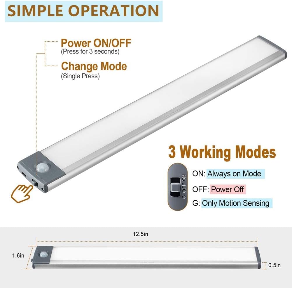 2 Pack 54LED Under Cabinet Lights, 12.5 Inch Bright Wireless Motion Sensor Light 7000K with 2200mAh USB-C Rechargeable