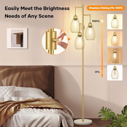 Dimmable Floor Lamp,3x800LM LED Bulbs Included, Farmhouse Industrial Floor Lamp Standing Tree Lamp with Teardrop Cage