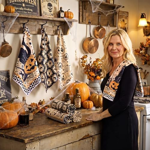 Ganeen 6 Pcs Halloween Kitchen Towels Set, Black Cat Pumpkin Dish Towels