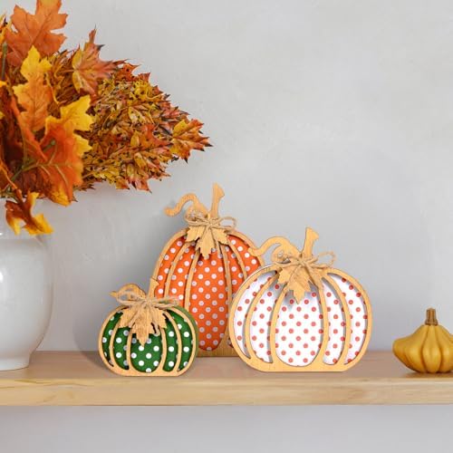 OLANRUN Fall Decorations for Home, 3-Piece Wooden Pumpkin Fall Decor, Rustic Farmhouse Indoor Autumn Thanksgiving Decorations for Table Centerpiece, Tiered Tray, Mantel, Shelf, Office (4-8 Inch)