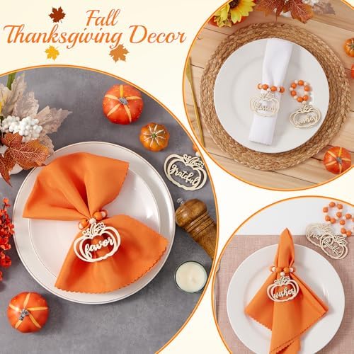 6Pcs Fall Thanksgiving Pumpkin Wood Napkin Rings, Thanksgiving Table Decor