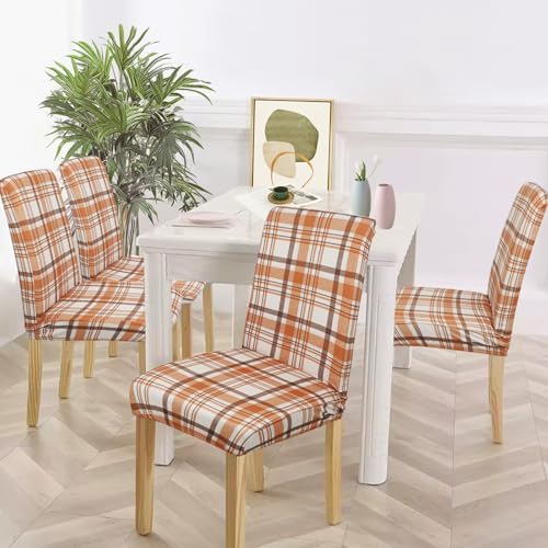 4Pcs Fall Plaid Chair Covers Set - Stretch Elastic Edge, Removable Orange Chair Protectors, Suitable for Dining Room/Kitchen Chairs