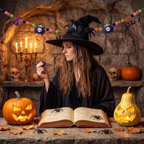 VitalCozy Halloween Felt Banner Pom Pom Garland, Purple, Witch
