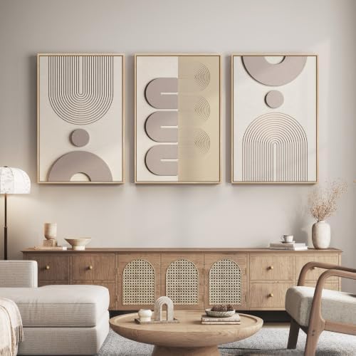 3D Large Framed Boho Neutral Abstract Wall Art for Living Room, 3 Piece