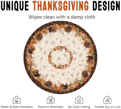 Thanksgiving Tablecloth Round 90 Inch, Stain Resistant Machine Washable Fabric Polyester Turkey Harvest Table Cloth Round Thanksgiving Tablecloth Table Cover for Kitchen Dining Party