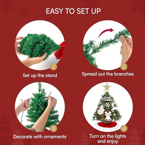 JOIEDOMI 24"/2FT Small Christmas Tree with Lights, Table Top Christmas Decor with Tree Skirt, Star Treetop and Ornaments, Battery Operated Pre-lit Artificial Xmas Tabletop for Xmas Decorations Indoor