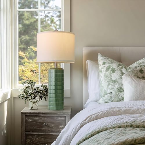 PoKat 27.5" Dark Green Ceramic Table Lamps for Living Room, Farmhouse Table Lamps Set of 2 for Bedroom Night Stands