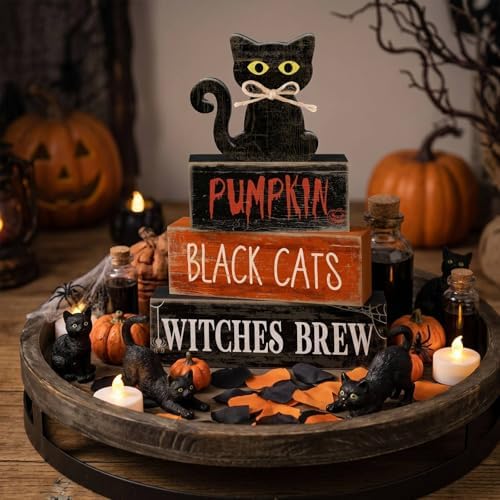 Lineshading 4 Pcs Halloween Table Decor for Home, Wooden Black Cat Sign Set