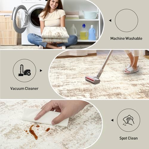 9x12 Area Rugs for Living Room: Washable Abstract Beige Grey Badroom Carpet