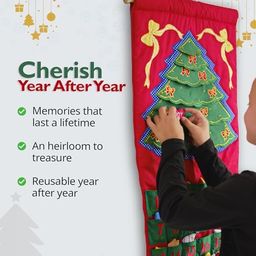 Pockets of Learning Green Christmas Tree Advent Calendar | Interactive Christmas Holiday Décor Embroidered Seasonal Soft Fabric Wall Hanging Countdown