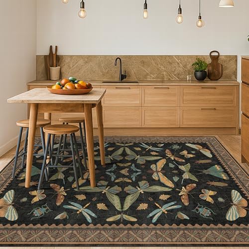 Washable 5x7 Black Rug for Living Room - Foyer Rugs for Entryway, Bedroom, Home Office, Gothic Witchy Insect Bug Floral