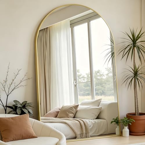 Prywot Full Length Mirror, Oversized 86"x46" Arched-Top Floor Mirror, Gold