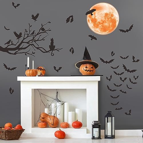 Halloween Moon Bat Wall Sticker Black Tree Branch Crow Wall Decals Clings