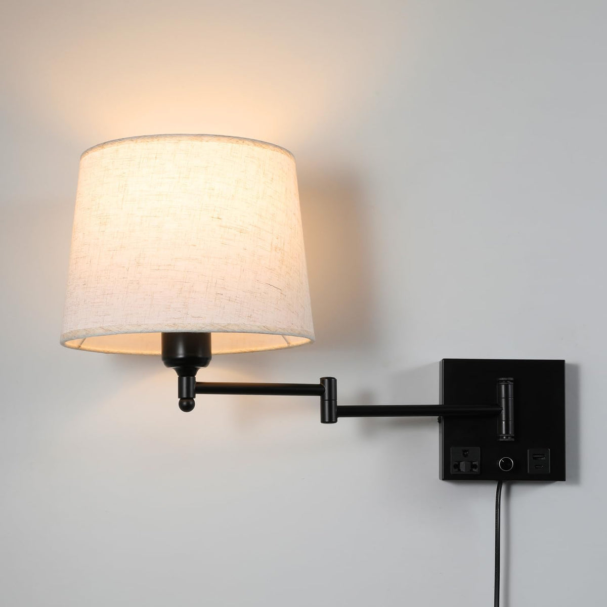 Swing Arm Wall Sconce with Linen Fabric Shade, USB-A & USB-C Charging Ports, Built-in AC Outlet & Rotary Dimmer
