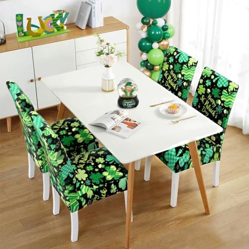 St Patricks Day Chair Covers Set of 4,Lucky Shamrock Chairs Slipcover for Dining Room, Removable Washable Breathable Cover in the Kitchen Restaurant Holiday Decor