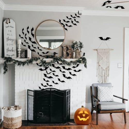 CESOF 70 Pcs Halloween Bats Wall Decor, 3D Matte Black DIY Reusable Sticker