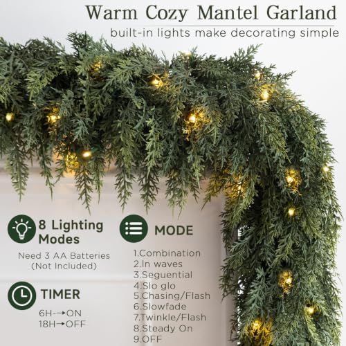 9FT Cedar Christmas Garland with Lights Realistic Prelit Pine Garland Decor