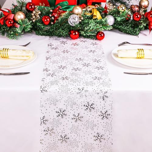 Snowkingdom Christmas Snowflake Silver Table Runner 11 Inch x 100 Feet Sparkly Silver Foil Glitter Metallic Mesh Dining Table Decorations for Seasonal Winter Xmas Festival Holiday Home Party