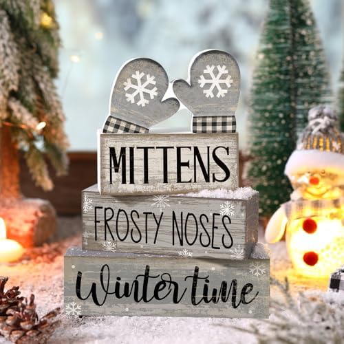 Lineshading 4 Pcs Winter Table Decorations Wooden Mittens Decor Winter Tiered Tray Decor Rustic Snowflake Mittens Block