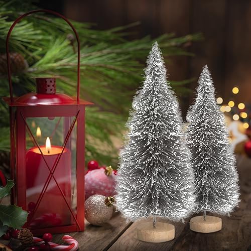 8pcs Mini Christmas Tree, Artificial Bottle Brush Trees with Wood Base, Tabletop Miniature XmasTrees with 4 Small Christmas Wreath, Fake Xmas Tree Ornament, White Christmas Tree for Christmas Décor