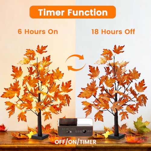 2 Pack 2FT Fall Decorations for Home Artificial Fall Lighted Maple Tree