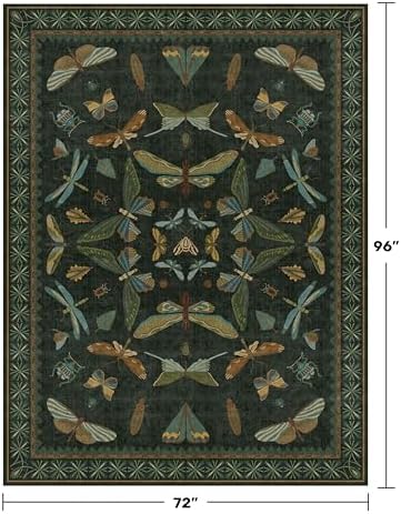6x8 Dark Green Washable Dining Room Rug - Vintage Area Rug for Living Room, Bedroom Under Bed Low Pile & Soft, Insect