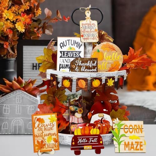 Nialnant 15 Pcs Fall Tiered Tray Decor, Fall Tiered Tray Decorations Set, Table Centerpieces Decorations for Home, Leaves Gnome Wooden Sign Plaques Thanksgiving Decorations Indoor