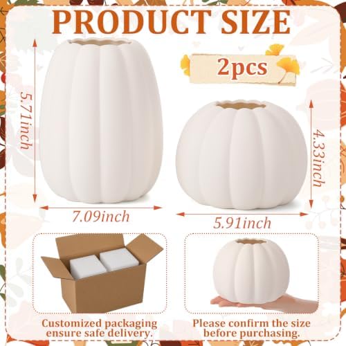 FoldTier 2pcs Fall Pumpkin Vase Ceramic Fall Table Decor Centerpieces Thanksgiving White Pumpkin Vases Centerpiece Autumn Harvest Decorations for Home Indoor Dining Room Kitchen Office