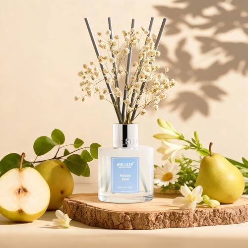Airkeep Reed Diffuser Set,3.38 fl oz (100 ml) - Freesia Pear Oil Diffusers with 8 Reed Sticks, Home Fragrance Reed