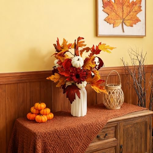 RHN Fall Flowers Artificial for Decoration,16.9 in Fall Floral Stems Picks with Pumpkin Sunflower Berry Maple Leaf Stem for Autumn Harvest Thankgiving Home Table Centerpiece Floral Arrangements