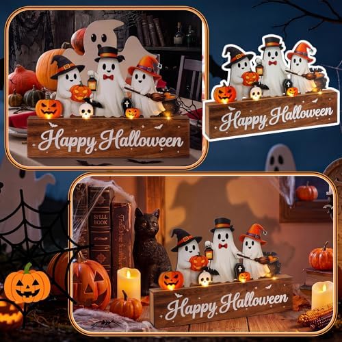 Patelai Halloween Table Decoration with LED Lights Wood Pumpkin Ghost Signs