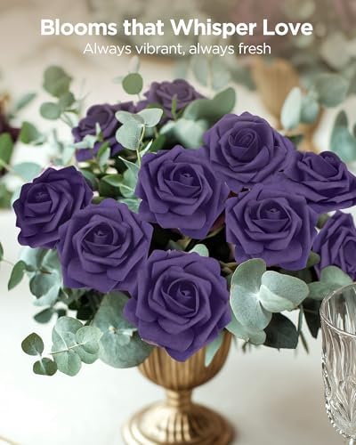InnoGear Fake Roses 50 Pcs Dusty Purple Flowers Artificial Faux Foam Floral