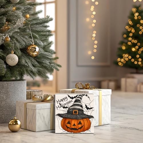 Happy Halloween Sign, Fall Halloween Pumpkin Decor, Jack o Lantern Wooden Square Sign for Home Office Desk Decor 5 x 5 Inches