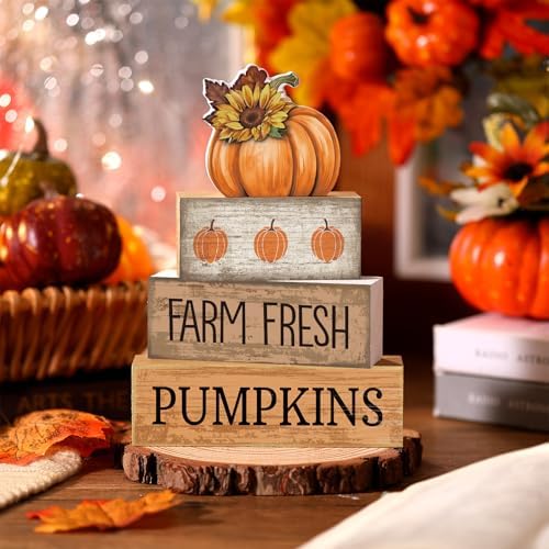 Lineshading 4 Pcs Fall Table Decor Pumpkin Sunflower Sign, Farm Fresh Wood