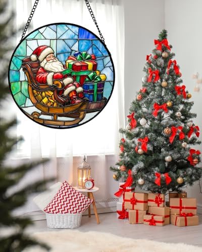 Christmas Jolly Santa Stained Glass Window Hanging Suncatcher Gifts 15"