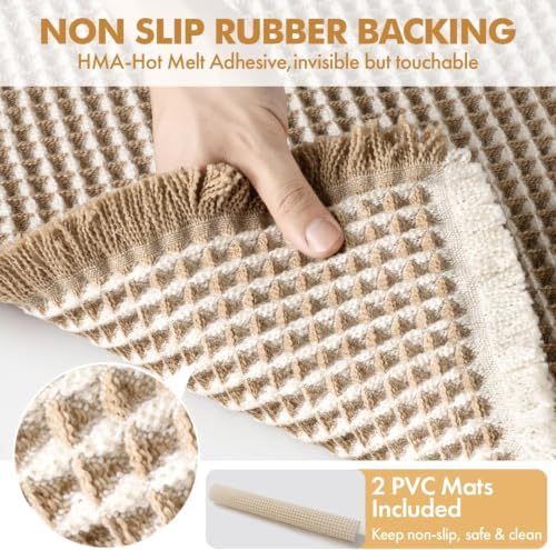 MIULEE Set of 2 Waffle Bathroom Rugs Boho Bath Mat Brown&White 18x30 Inch