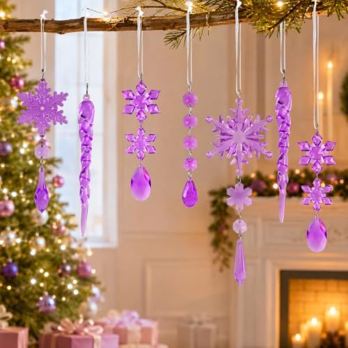 32pcs Crystal Christmas Ornaments for Christmas Tree Decorations-Purple Hanging Acrylic Snowflake and Icicle Ornaments with Drop Pendants for Xmas Winter Wonderland New Year Party Decorations Supplies