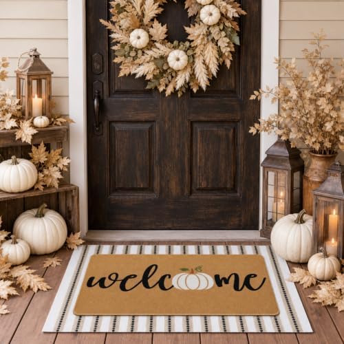 Tinideya 2 Pcs Fall Door Mat Set, Pumpkin Welcome Mat Beige Striped Rug