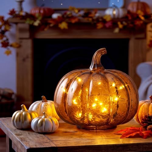 Glooglitter Mercury Glass Pumpkin Light LED Fall Lamp, Round, Amber, Small