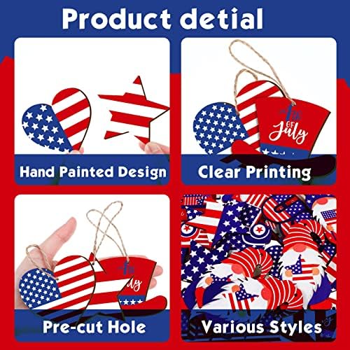 Qunclay 36 Pcs Patriotic Ornaments for Christmas Tree Wooden 250th Anniversary Tree Decorations Red White Blue Gnome Star Truck Hanging Ornament for 4th of July Veterans Day Home Party Decor