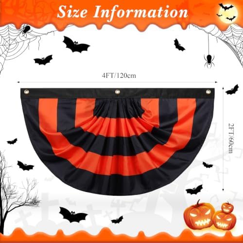 Newwiee 1 Pc 4 x 2 ft ft Halloween Flag Bunting Half Fan Hanging Pleated Flag Banner with 3 Grommets for Halloween Indoor Outdoor House Party Holiday Yard Decorations Props, Black Orange