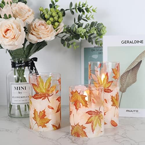 GenSwin Glass Maple Leaf Flameless Candles with Remote Timers, Battery Operated LED Flickering Candles, Real Wax Pillar Candles Christmas Wedding Decoration