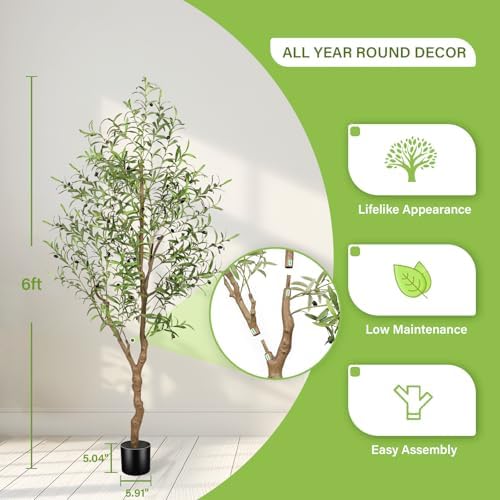 FEELEAD 6FT Faux Olive Tree with Natural Textured Trunk & Lifelike Leaves