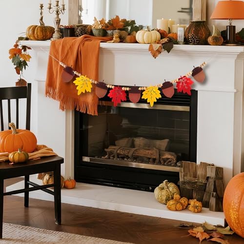 Thanksgiving Decorations Indoor, Fall Party Hanging Decor, Felt Pumpkins Leaves Garland and Wood Bead Banner for Home Mantel Fireplace Wall(Acorn+Maple Leaf)