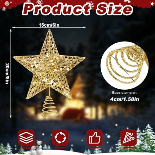 Christmas Tree Topper Star Small Gold Christmas Star Metal Glitter Xmas Tree Topper for Pencil Trees Decorations 8 Inch