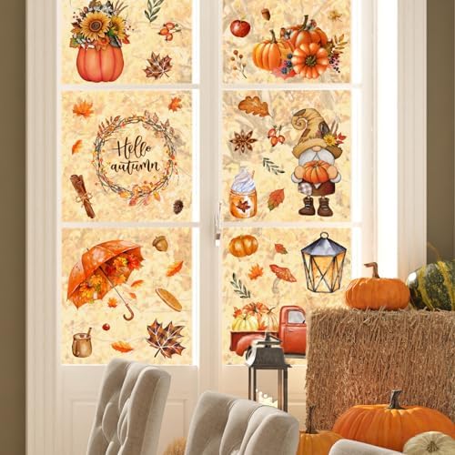 Whaline Fall Thanksgiving Window Clings Maple Leaves Pumpkin Umbrella Truck Gnome Window Decals Hello Autumn Double-Side Glass Decals for Home Party Decoration, 7.9 x 11.8 Inch, 9 Sheet