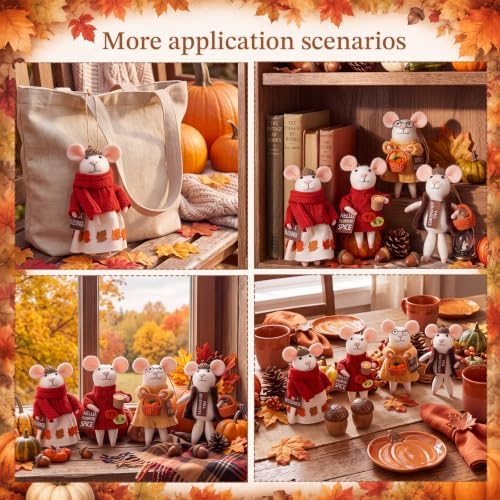 Hahafelt 4 Pcs Fall Felt Mice Ornaments Set Autumn Handmade Wool Mouse